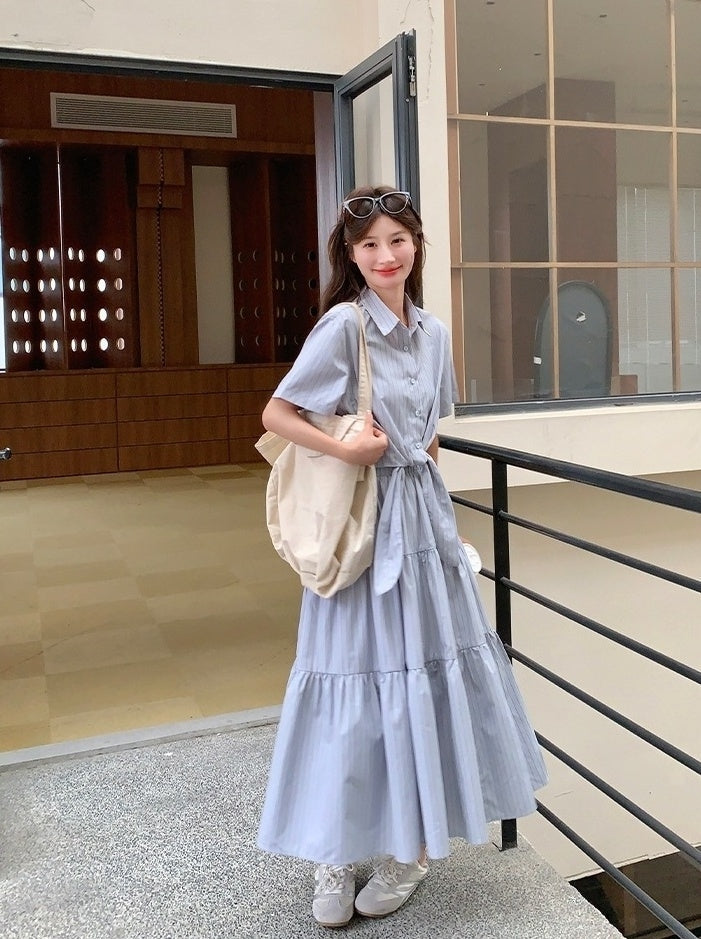 Striped Tie Waist Shirt And Skirt Set