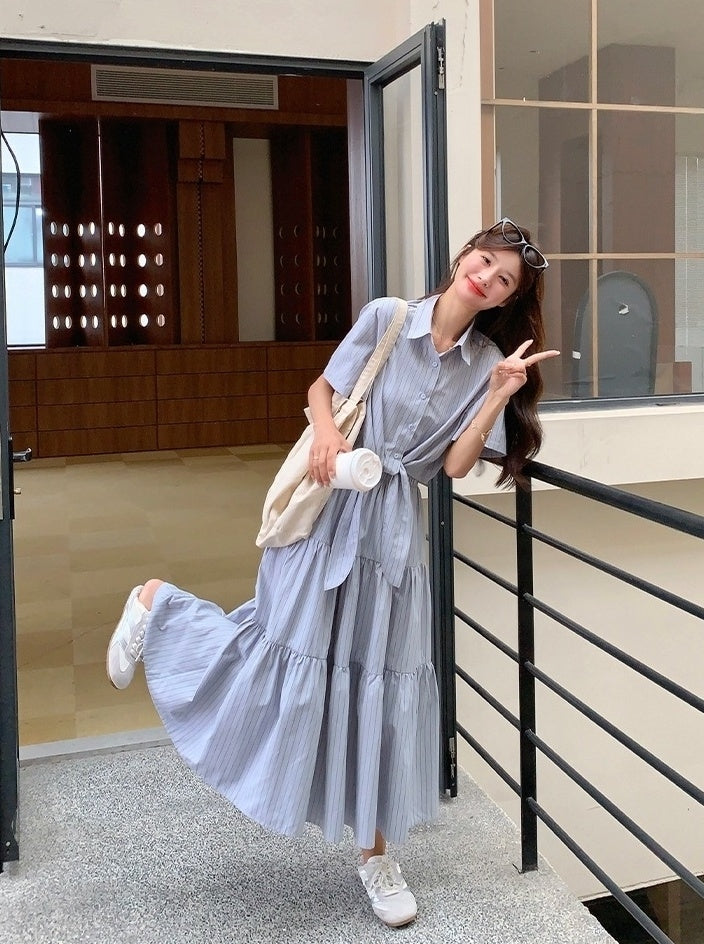 Striped Tie Waist Shirt And Skirt Set