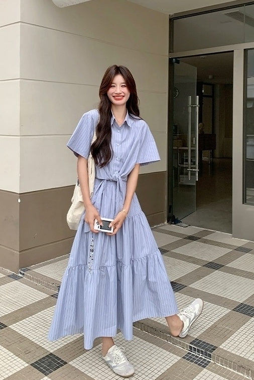 Striped Tie Waist Shirt And Skirt Set