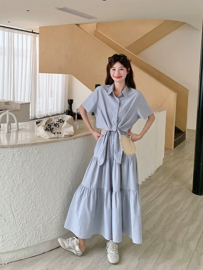 Striped Tie Waist Shirt And Skirt Set