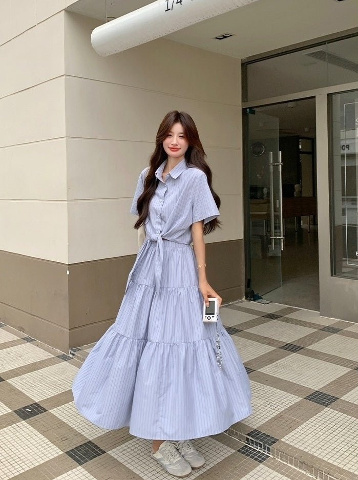 Striped Tie Waist Shirt And Skirt Set