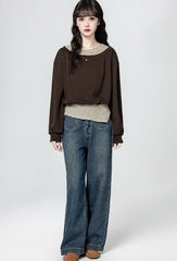 Striped Vest Layered Pullover Sweatshirt Brown