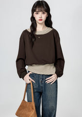 Striped Vest Layered Pullover Sweatshirt Brown