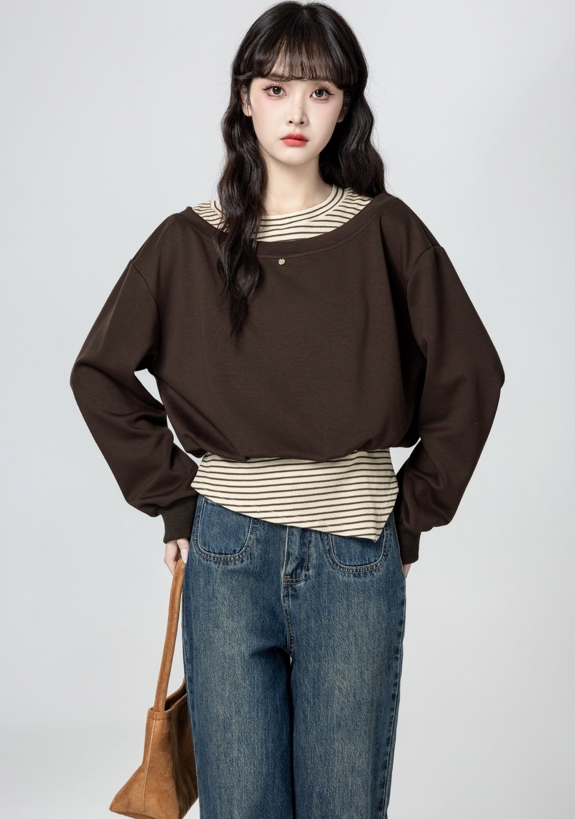 Striped Vest Layered Pullover Sweatshirt Brown