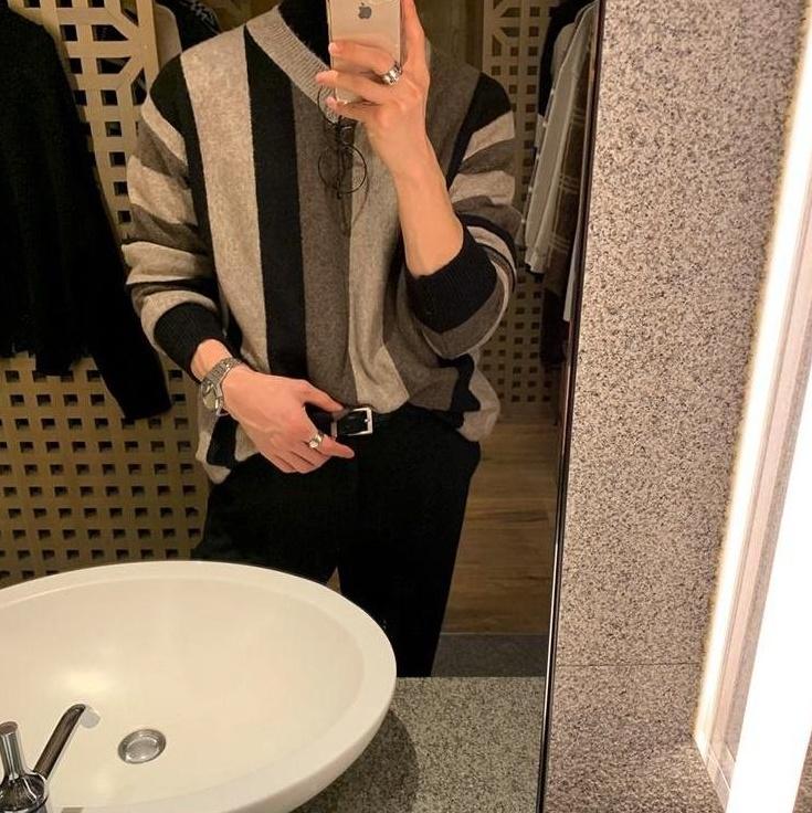 Striped Vneck Knit Pullover Sweater