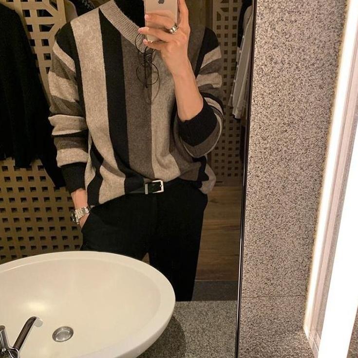 Striped Vneck Knit Pullover Sweater