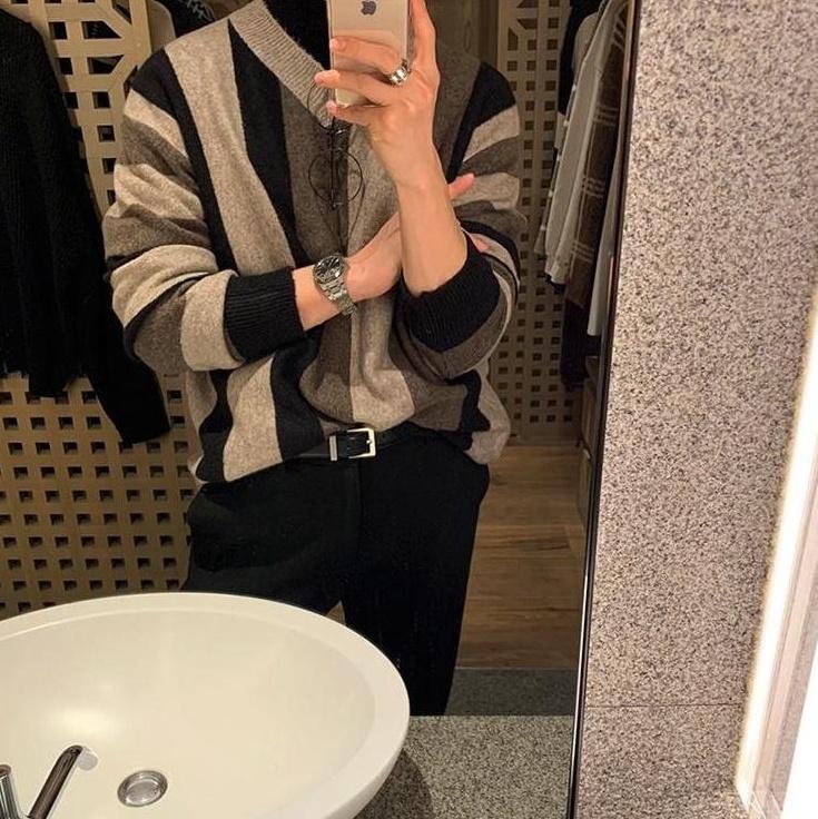 Striped Vneck Knit Pullover Sweater