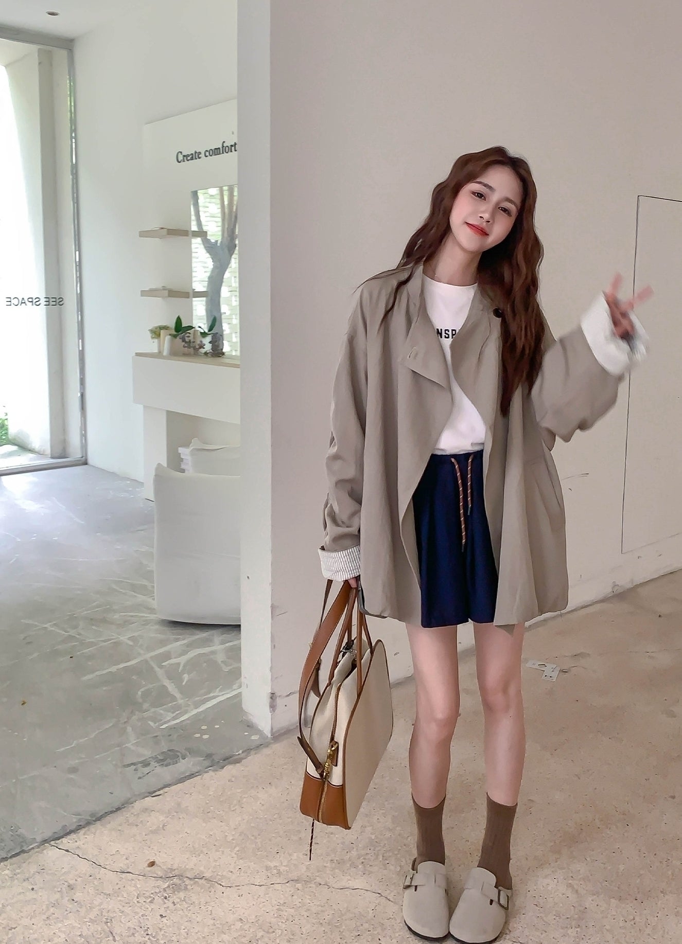 Stylish Army Green Loose Fit Trench Coat