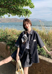 Stylish Denim Shirt And Shorts Set Summer Collection