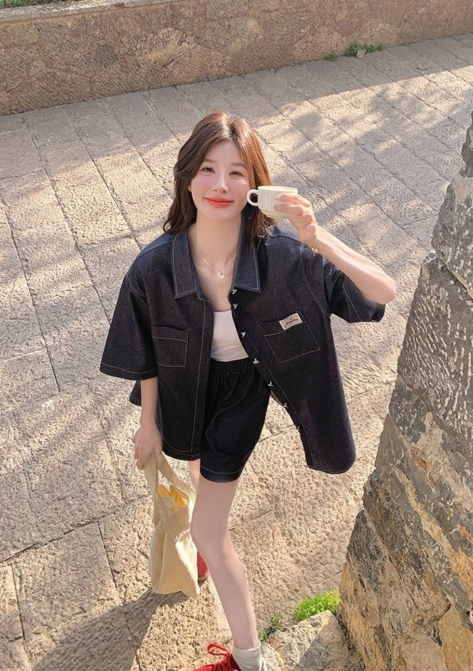 Stylish Denim Shirt And Shorts Set Summer Collection