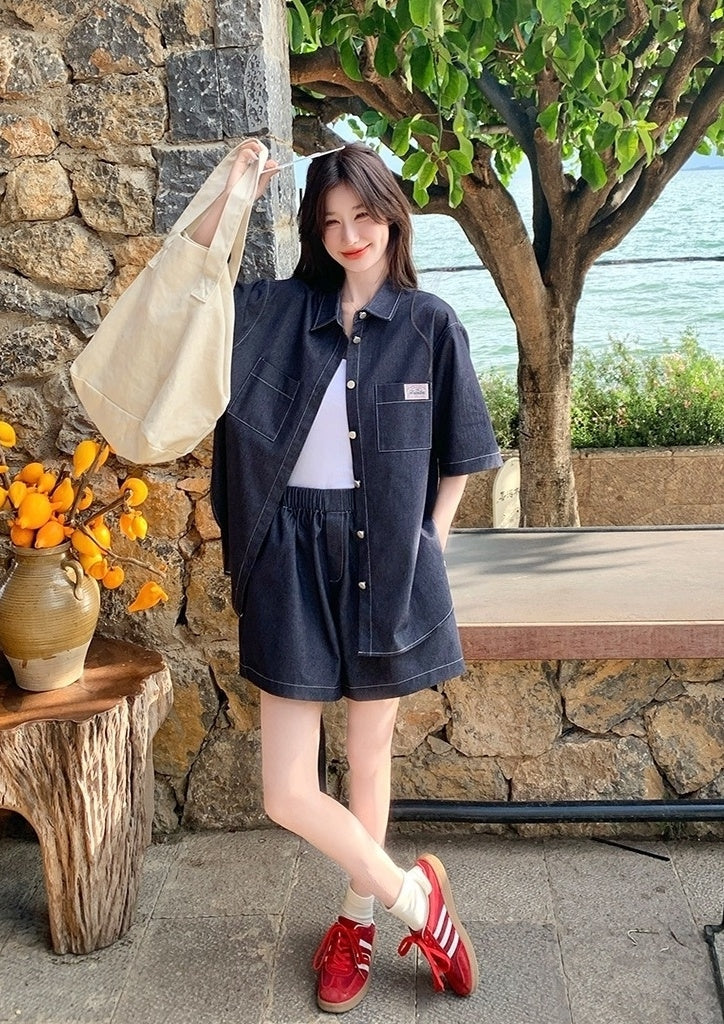 Stylish Denim Shirt And Shorts Set Summer Collection