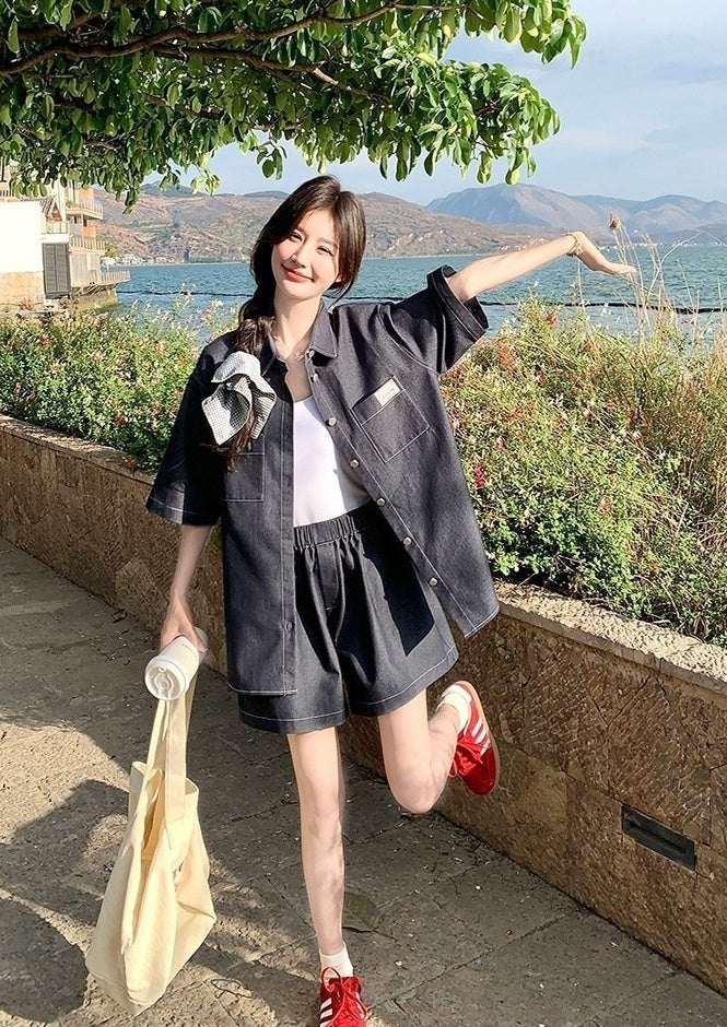 Stylish Denim Shirt And Shorts Set Summer Collection