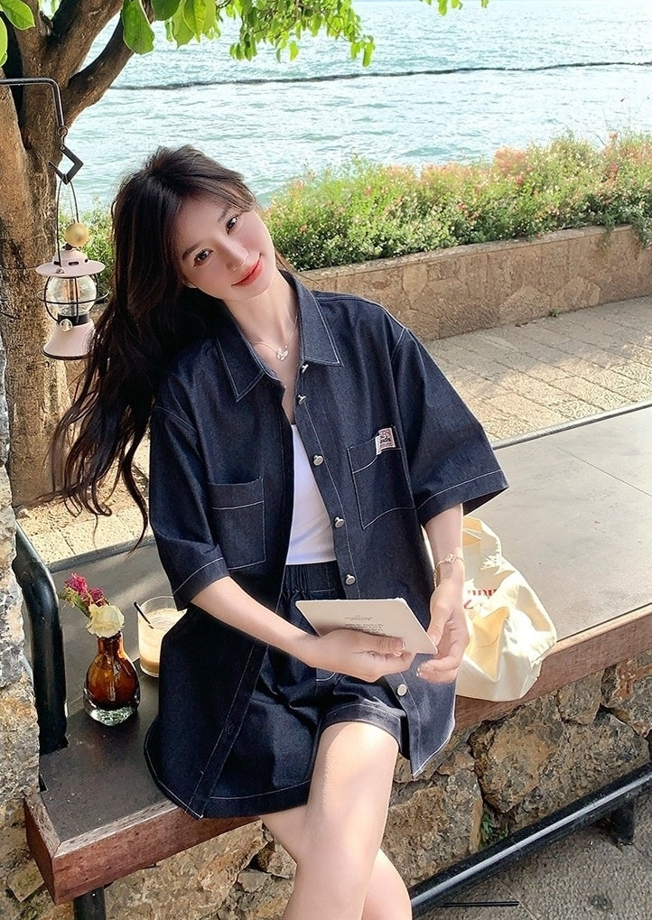 Stylish Denim Shirt And Shorts Set Summer Collection