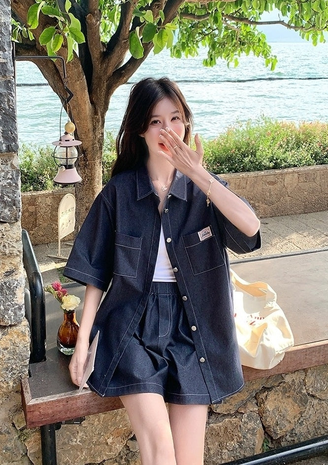 Stylish Denim Shirt And Shorts Set Summer Collection