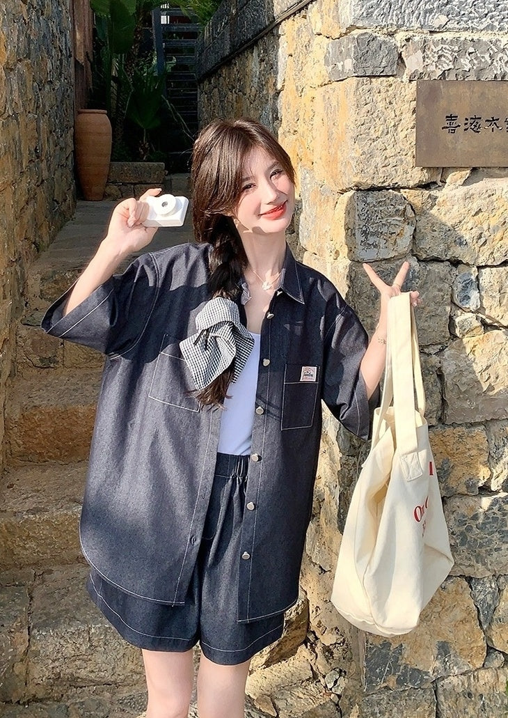 Stylish Denim Shirt And Shorts Set Summer Collection