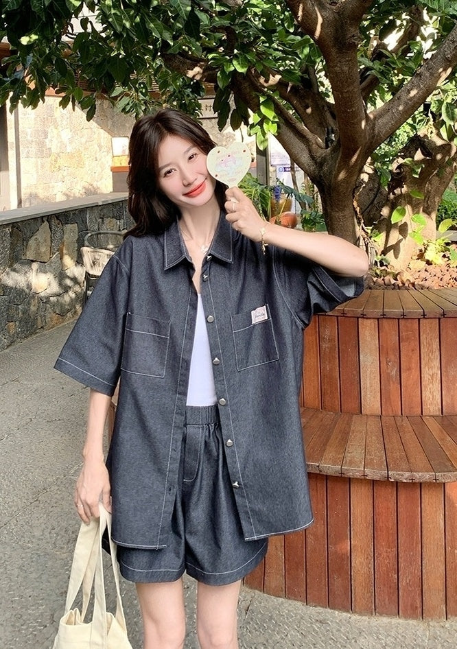 Stylish Denim Shirt And Shorts Set Summer Collection