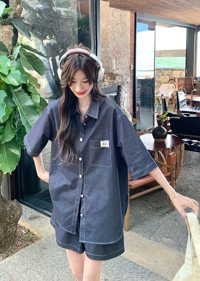 Stylish Denim Shirt And Shorts Set Summer Collection