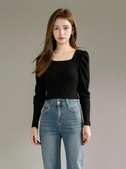 Stylish Knit Square Neck Sweater With Bubble Sleeves