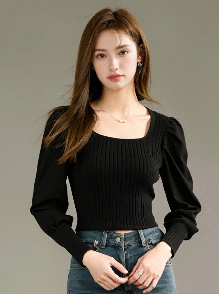 Stylish Knit Square Neck Sweater With Bubble Sleeves