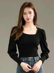 Stylish Knit Square Neck Sweater With Bubble Sleeves