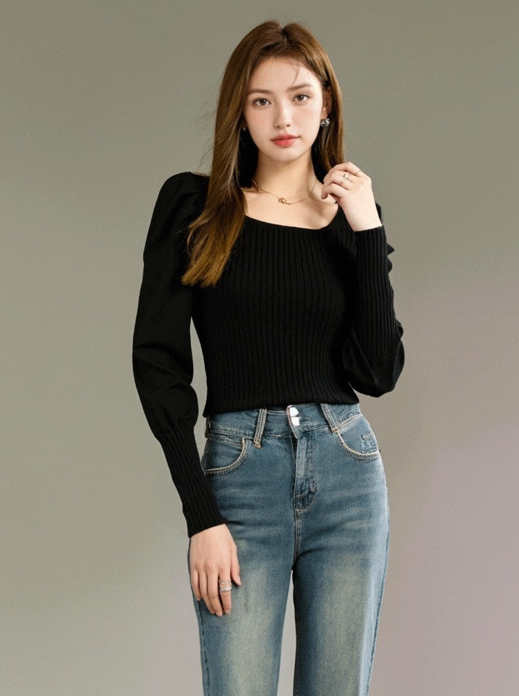 Stylish Knit Square Neck Sweater With Bubble Sleeves