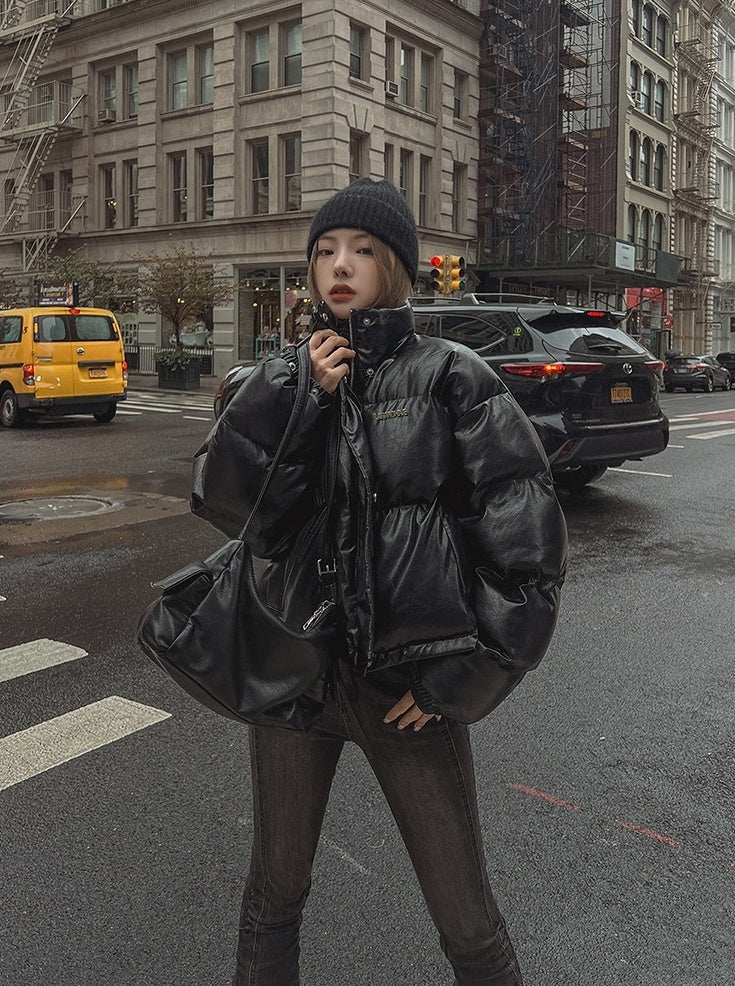 Stylish Pu Leather Short Winter Jacket