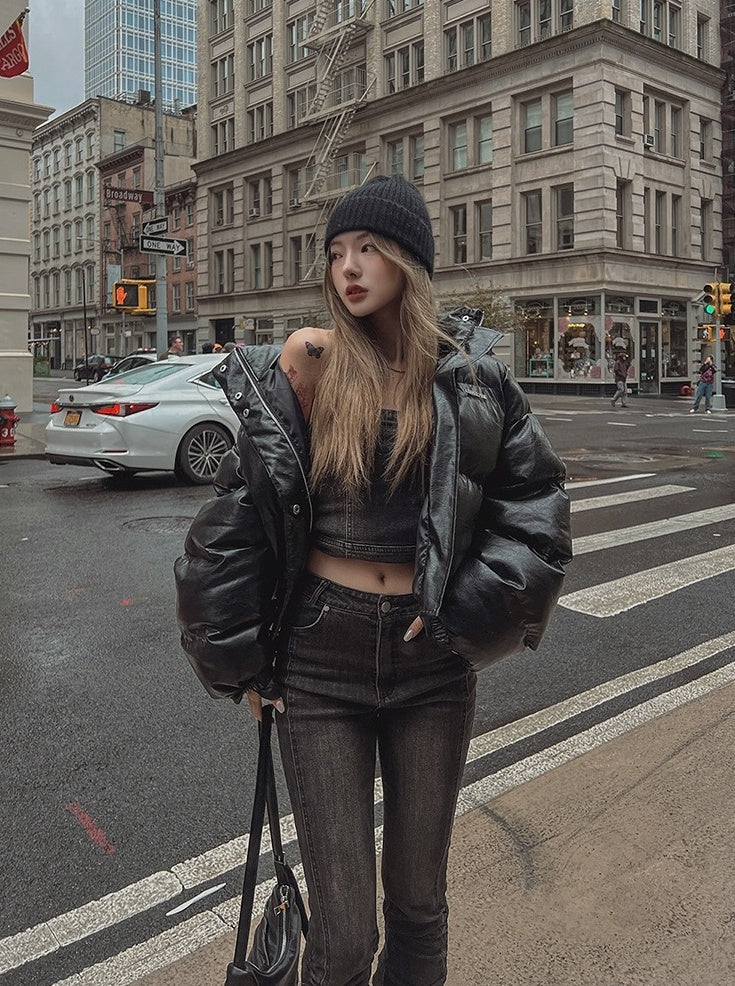 Stylish Pu Leather Short Winter Jacket