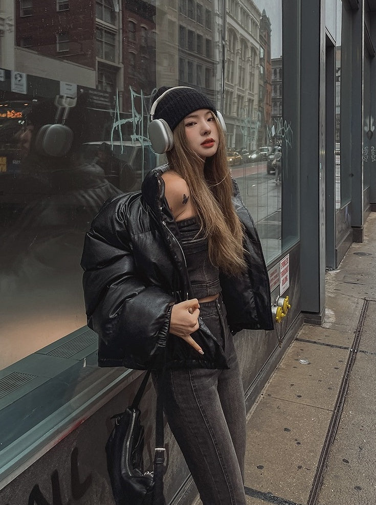 Stylish Pu Leather Short Winter Jacket