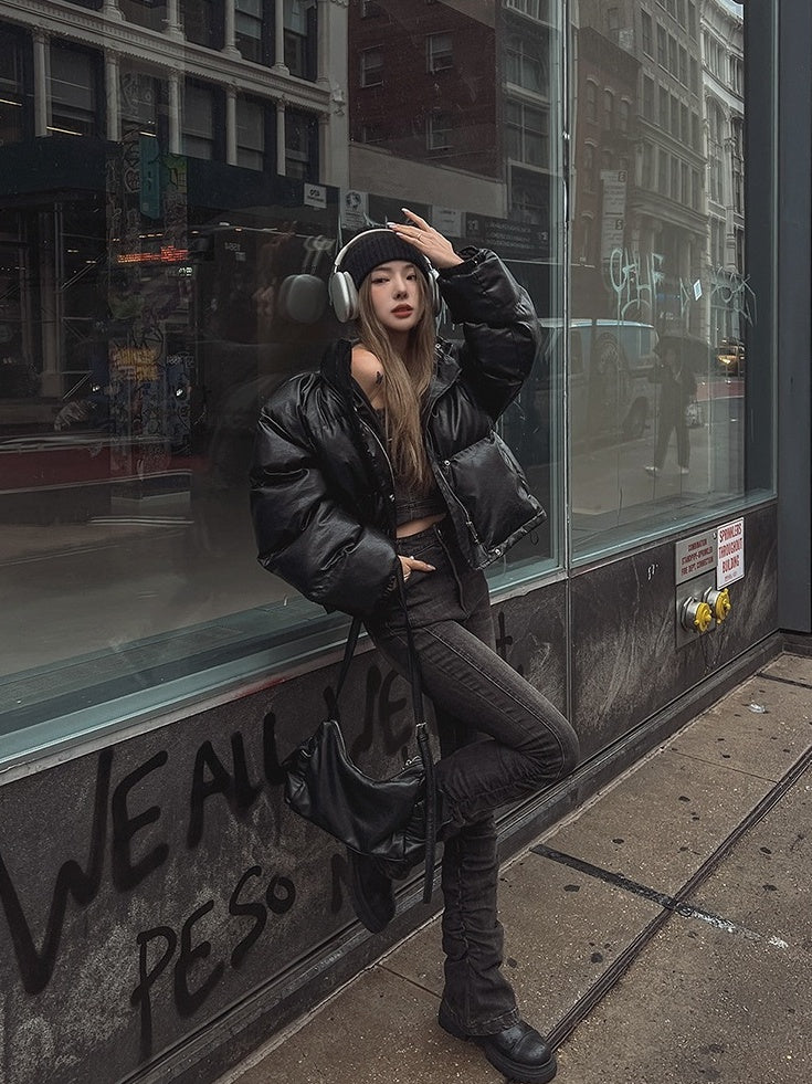 Stylish Pu Leather Short Winter Jacket