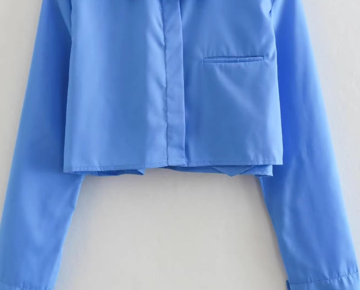 Blue Cropped Button-Up Shirt