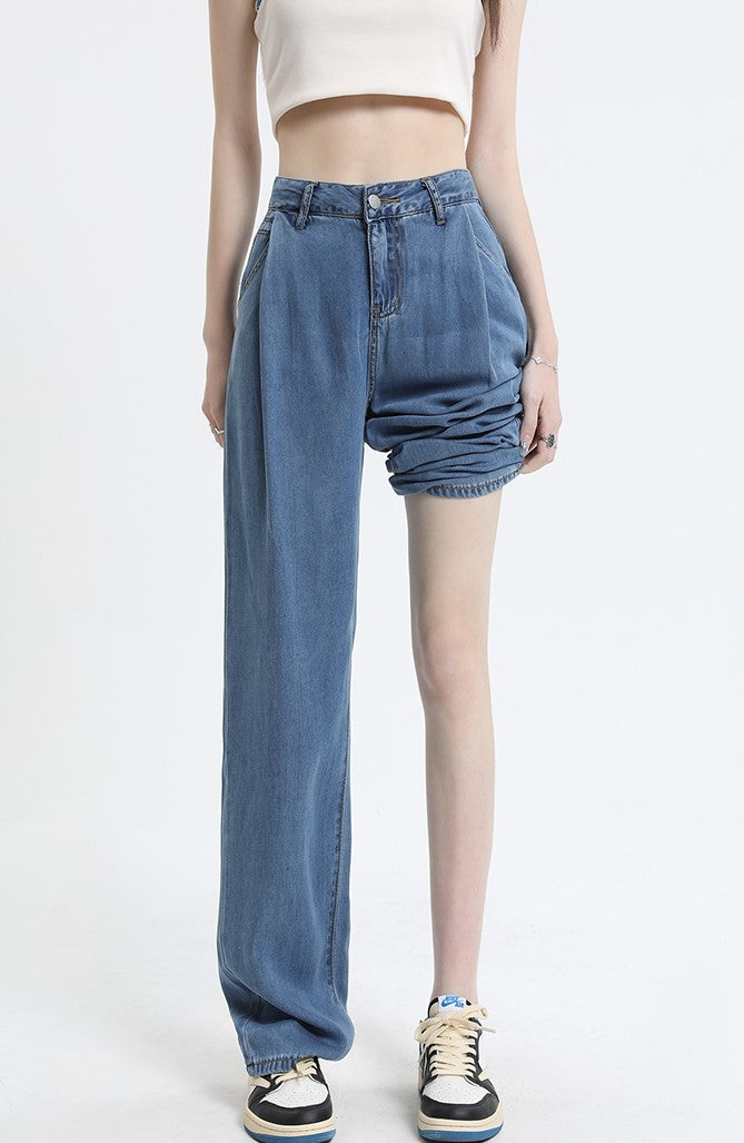 Blue Front Pleated Wide Leg Jeans