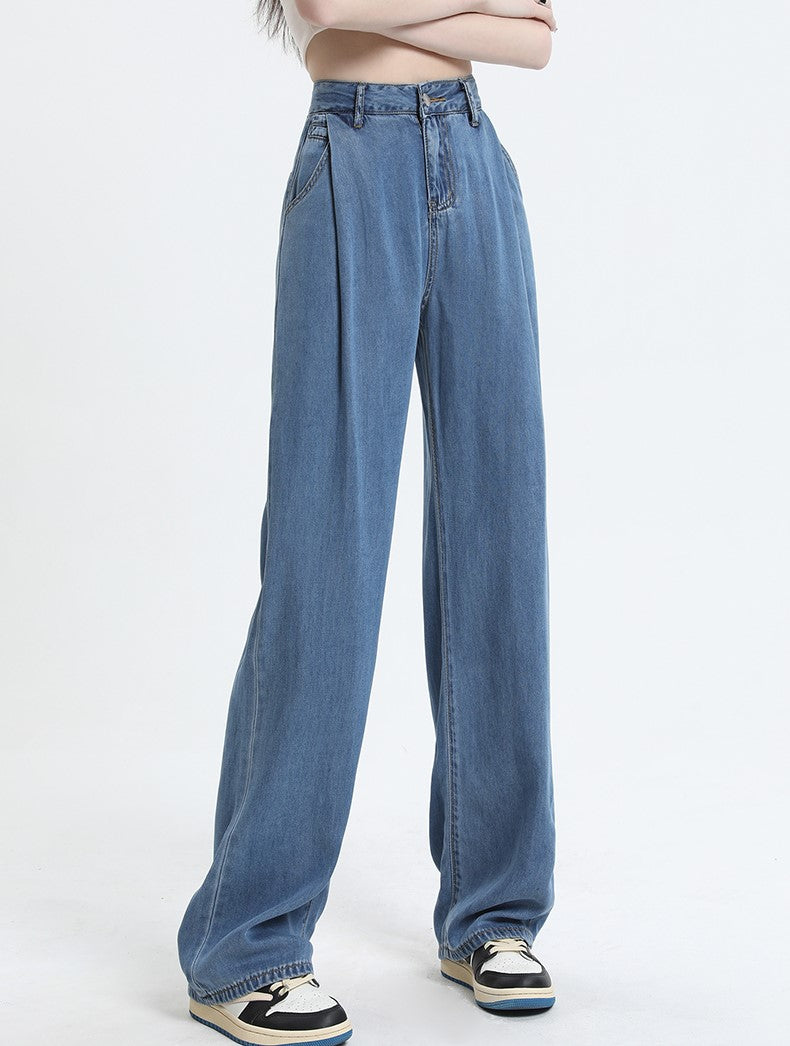 Blue Front Pleated Wide Leg Jeans