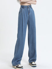 Blue Front Pleated Wide Leg Jeans