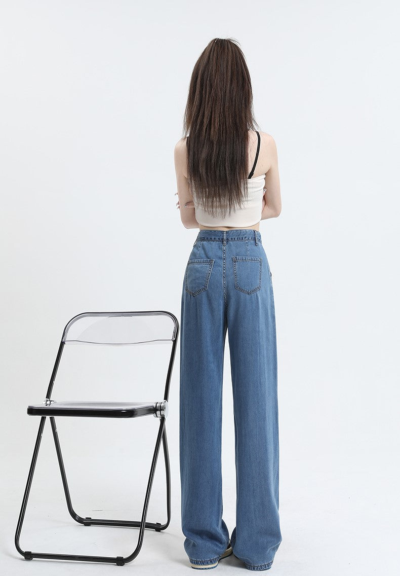 Blue Front Pleated Wide Leg Jeans