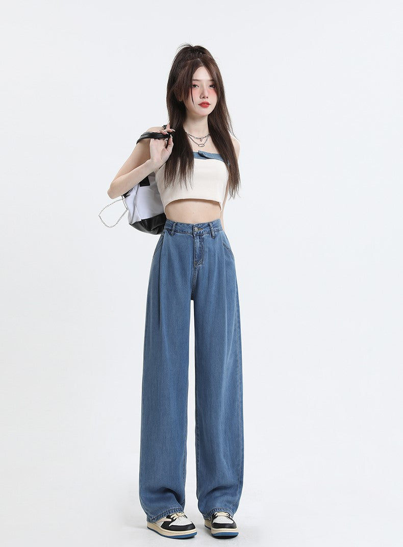 Blue Front Pleated Wide Leg Jeans