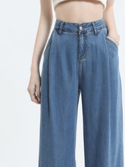 Blue Front Pleated Wide Leg Jeans