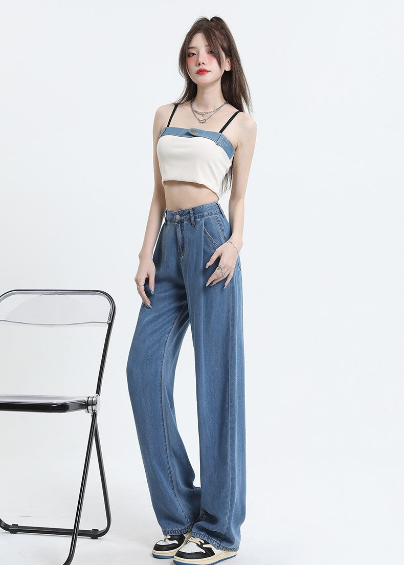 Blue Front Pleated Wide Leg Jeans