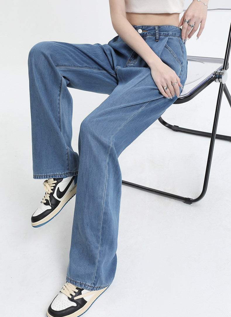 Blue Front Pleated Wide Leg Jeans