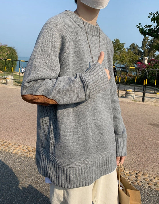 Grey Elbow-Patch Knit Sweater