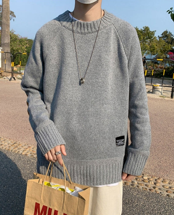 Grey Elbow-Patch Knit Sweater