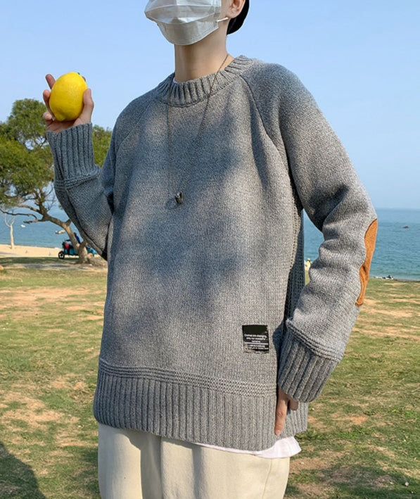 Grey Elbow-Patch Knit Sweater