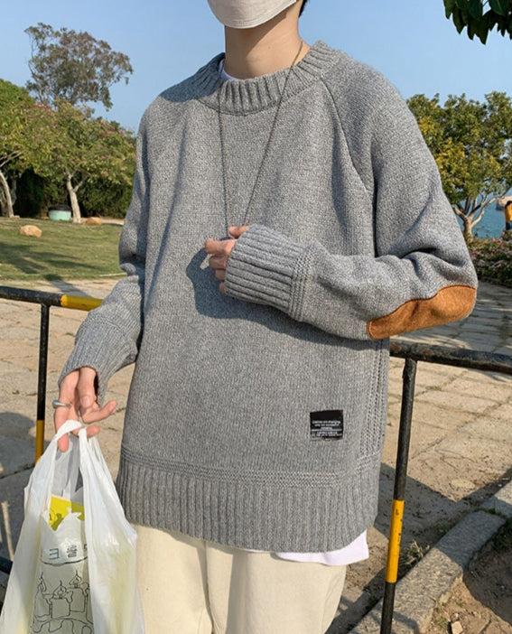 Grey Elbow-Patch Knit Sweater