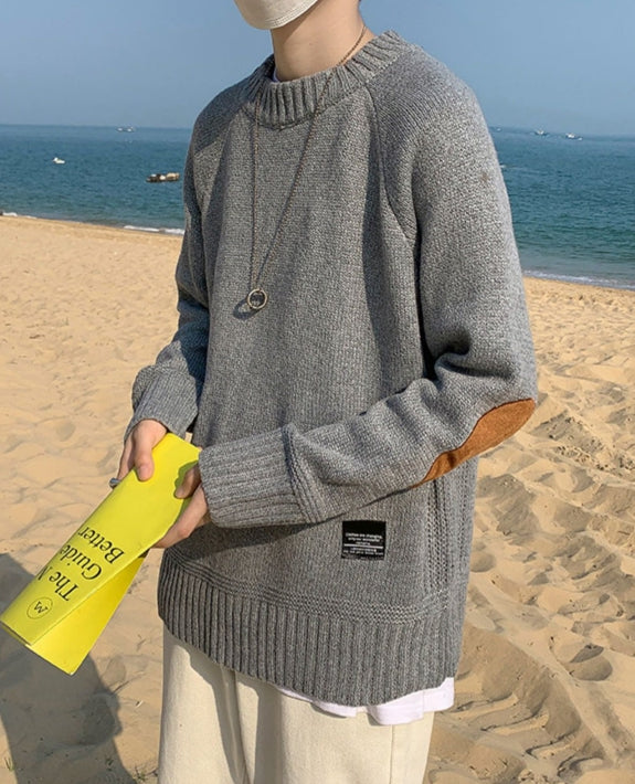 Grey Elbow-Patch Knit Sweater