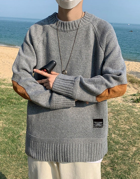 Grey Elbow-Patch Knit Sweater
