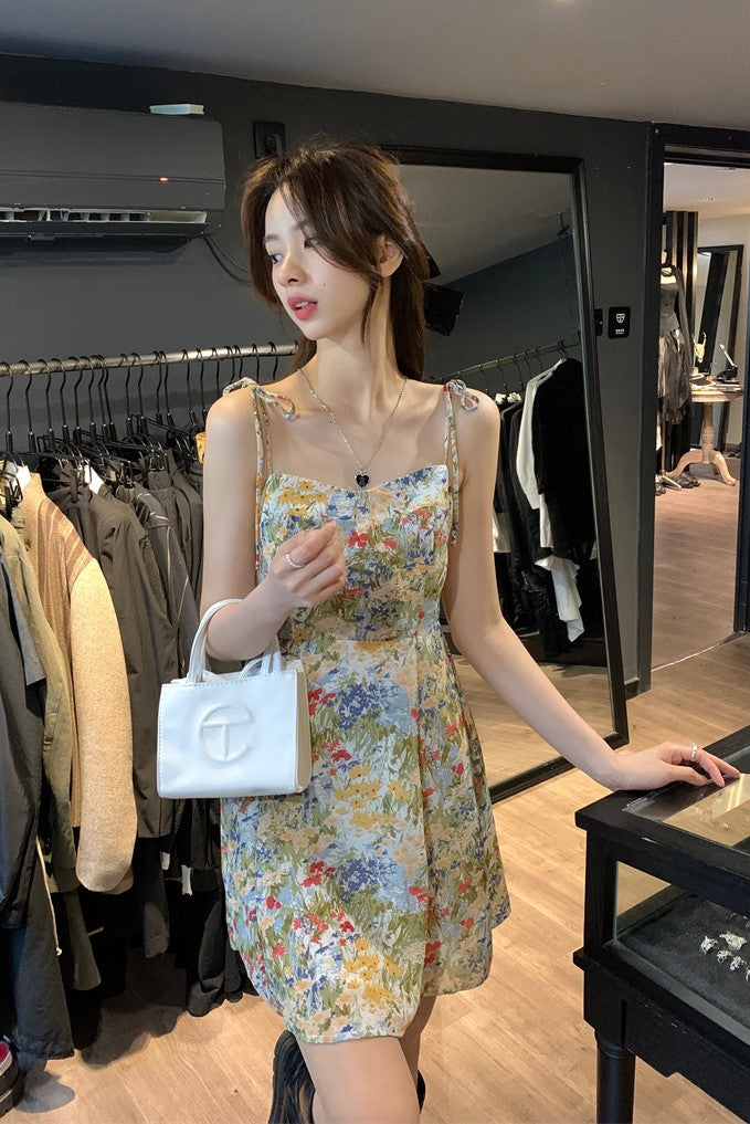 Green Oil Painting Design Floral Sling Dress