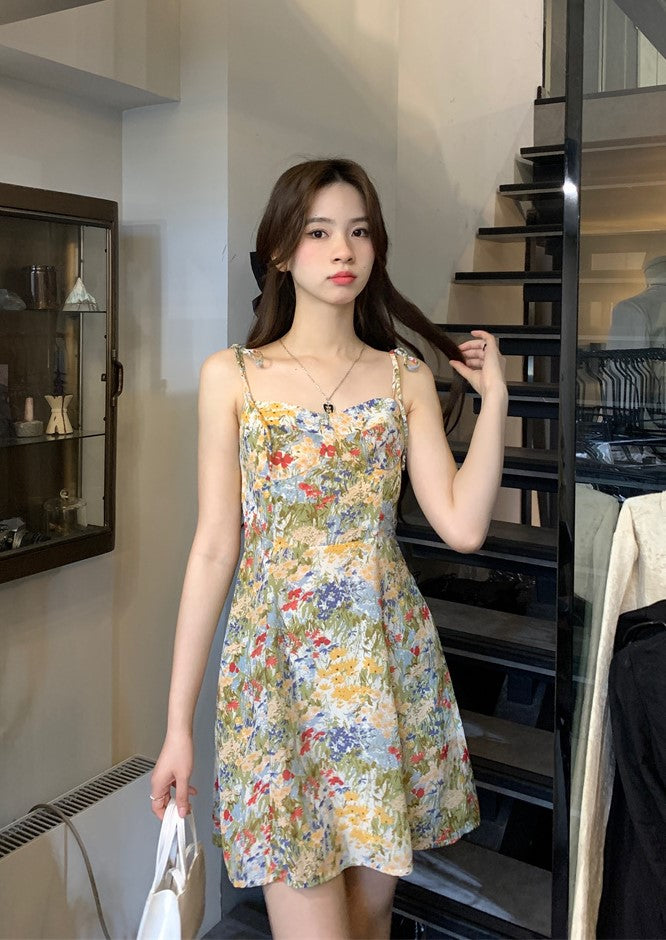 Green Oil Painting Design Floral Sling Dress