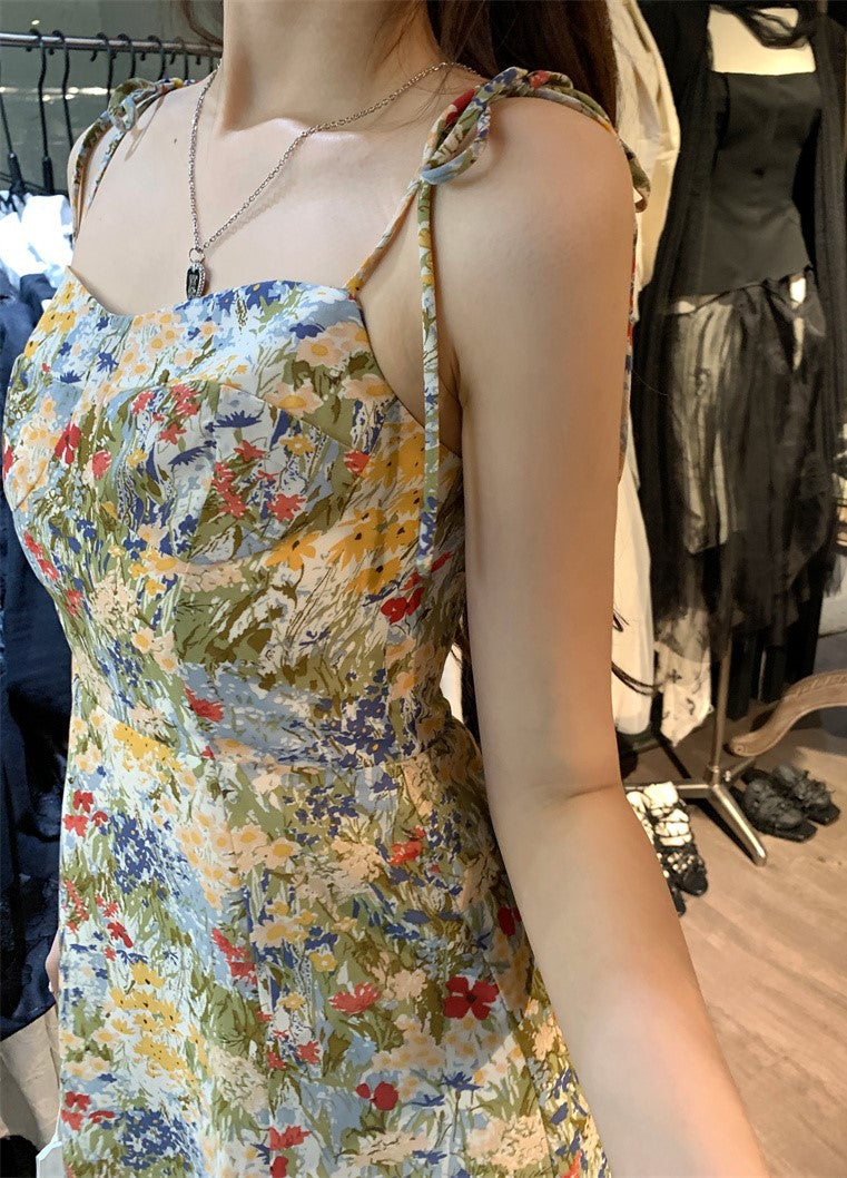 Green Oil Painting Design Floral Sling Dress