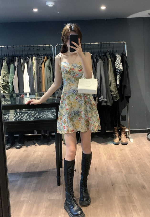 Green Oil Painting Design Floral Sling Dress