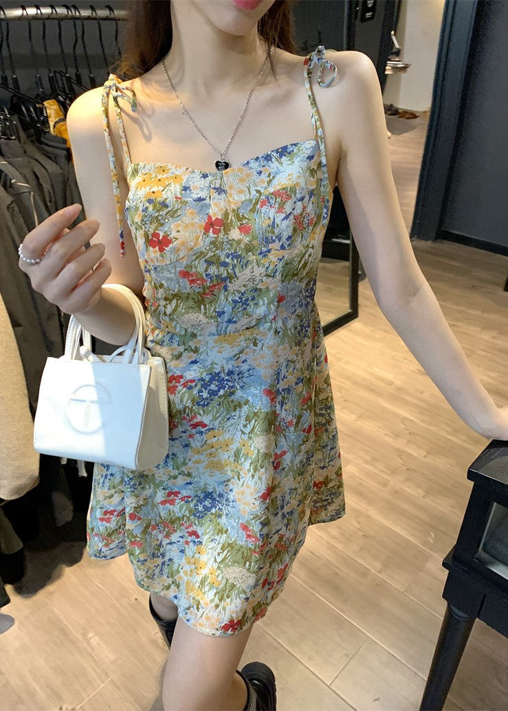 Green Oil Painting Design Floral Sling Dress
