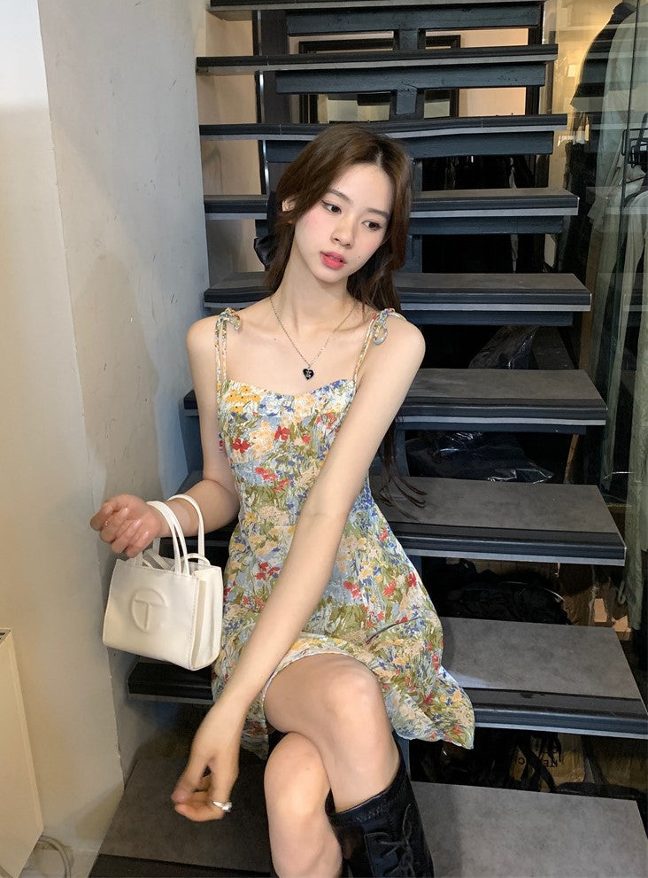 Green Oil Painting Design Floral Sling Dress